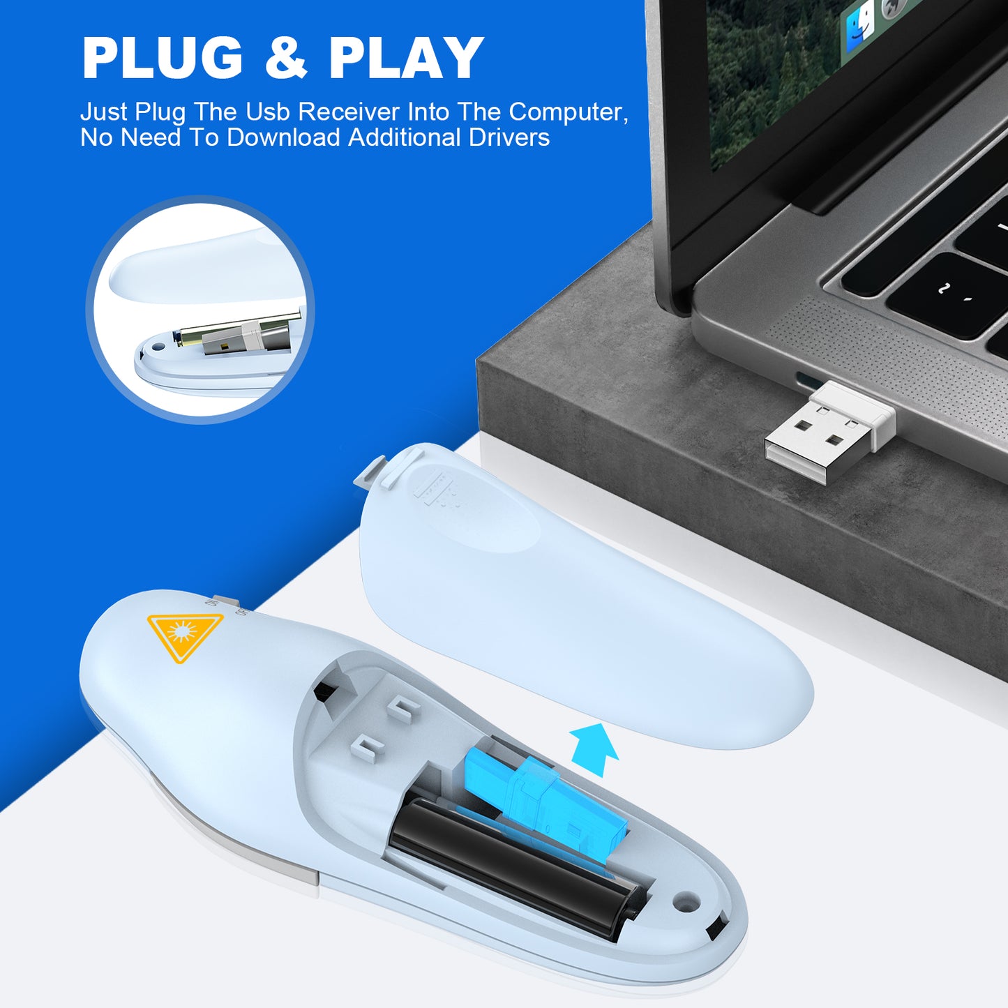 QUI Presentation Clicker Wireless Presenter Remote Clicker for PowerPoint Presentation Remote, PowerPoint Slide Advancer for Mac/Windows/Linux, Google Slide/PPT/Keynote, Type-c Blue