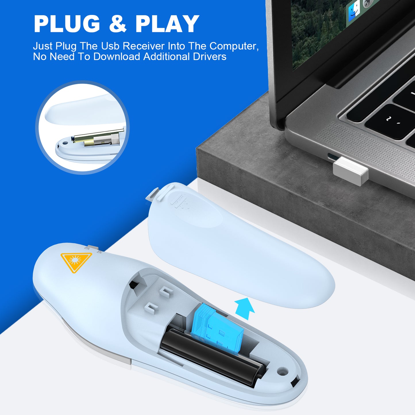 QUI Presentation Clicker Wireless Presenter Remote Clicker for PowerPoint Presentation Remote, PowerPoint Slide Advancer for Mac/Windows/Linux, Google Slide/PPT/Keynote, USB, Blue