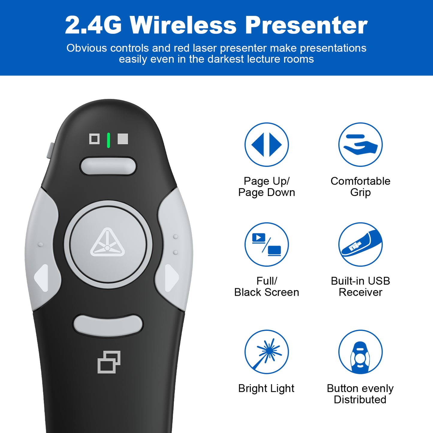 QUI Presentation Clicker Wireless Presenter Remote Clicker for PowerPoint Presentation Remote, PowerPoint Slide Advancer for Mac/Windows/Linux, Google Slide/PPT/Keynote, USB, Black