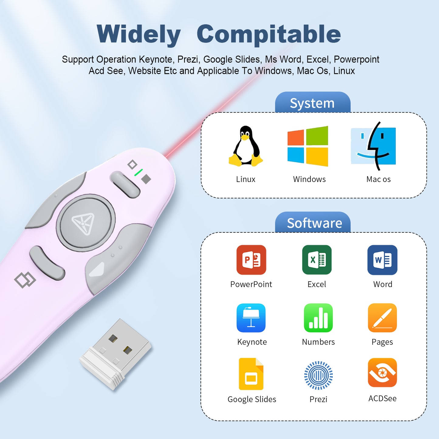 QUI Presentation Clicker Wireless Presenter Remote Clicker for PowerPoint Presentation Remote, PowerPoint Slide Advancer for Mac/Windows/Google Slide/Keynote, USB, Purple