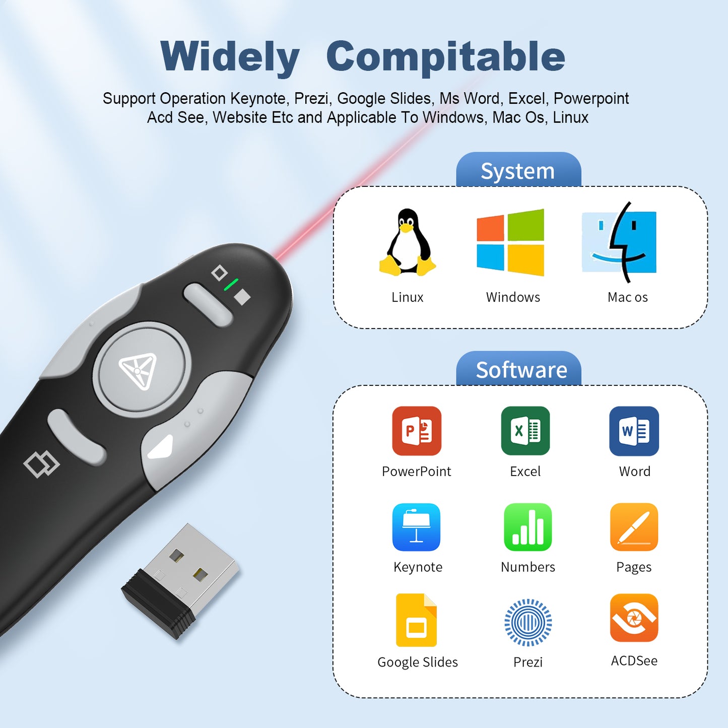 QUI Presentation Clicker Wireless Presenter Remote Clicker for PowerPoint Presentation Remote, PowerPoint Slide Advancer for Mac/Windows/Linux, Google Slide/PPT/Keynote, USB, Black