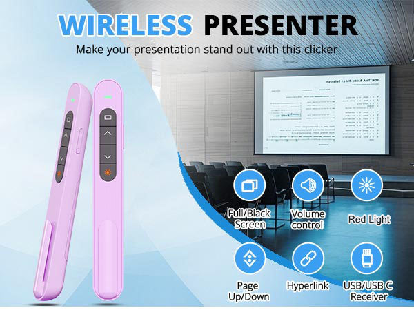 QUI Presentation Clicker with Volume Control, 2.4GHz USB Wireless Presenter Remote, PowerPoint Clicker Slide Advancer Compatible with Mac, Windows, Google Slides, Keynote