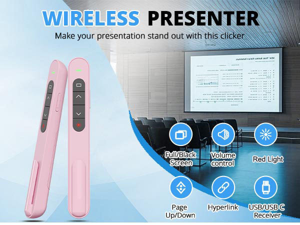 QUI Presentation Clicker with Volume Control, 2.4GHz USB Wireless Presenter Remote, PowerPoint Clicker Slide Advancer Compatible with Mac, Windows, Google Slides, Keynote
