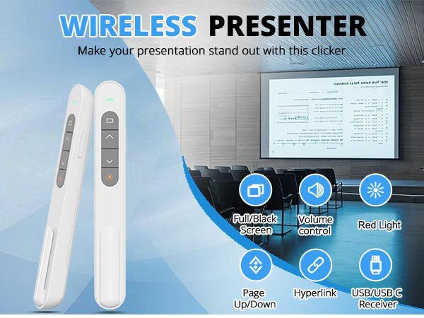 QUI Presentation Clicker with Volume Control, 2.4GHz USB Wireless Presenter Remote, PowerPoint Clicker Slide Advancer Compatible with Mac, Windows, Google Slides, Keynote