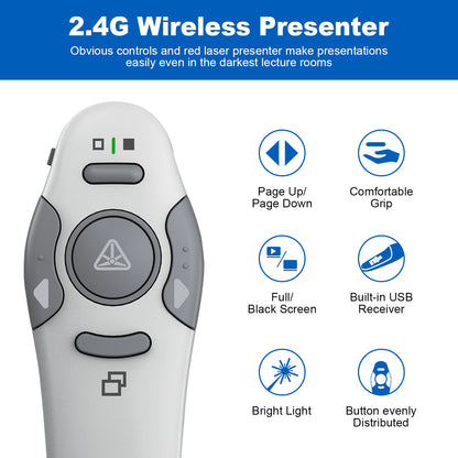 QUI Presentation Clicker Wireless Presenter Remote Clicker for PowerPoint Presentation Remote, PowerPoint Slide Advancer for Mac/Windows/Linux, Google Slide/PPT/Keynote, USB, Silver