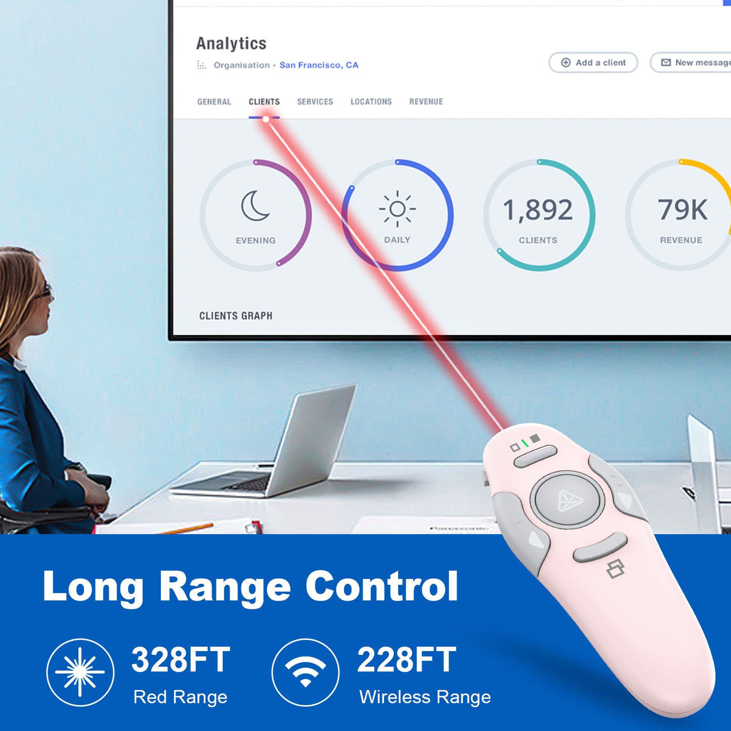 QUI Presentation Clicker Wireless Presenter Remote Clicker for PowerPoint Presentation Remote, PowerPoint Slide Advancer for Mac/Windows/Linux, Google Slide/PPT/Keynote, USB, Pink