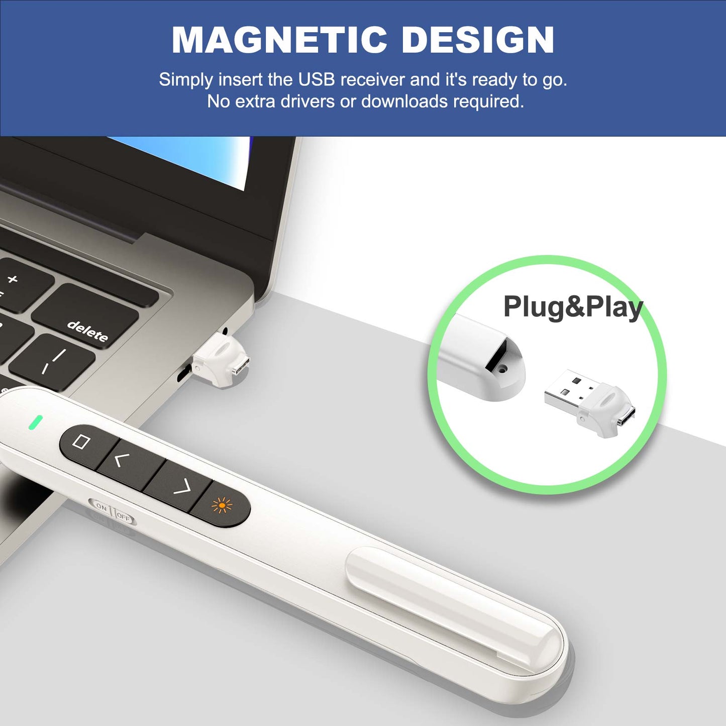 QUI Presentation Clicker with Volume Control, 2.4GHz USB Wireless Presenter Remote, PowerPoint Clicker Slide Advancer Compatible with Mac, Windows, Google Slides, Keynote