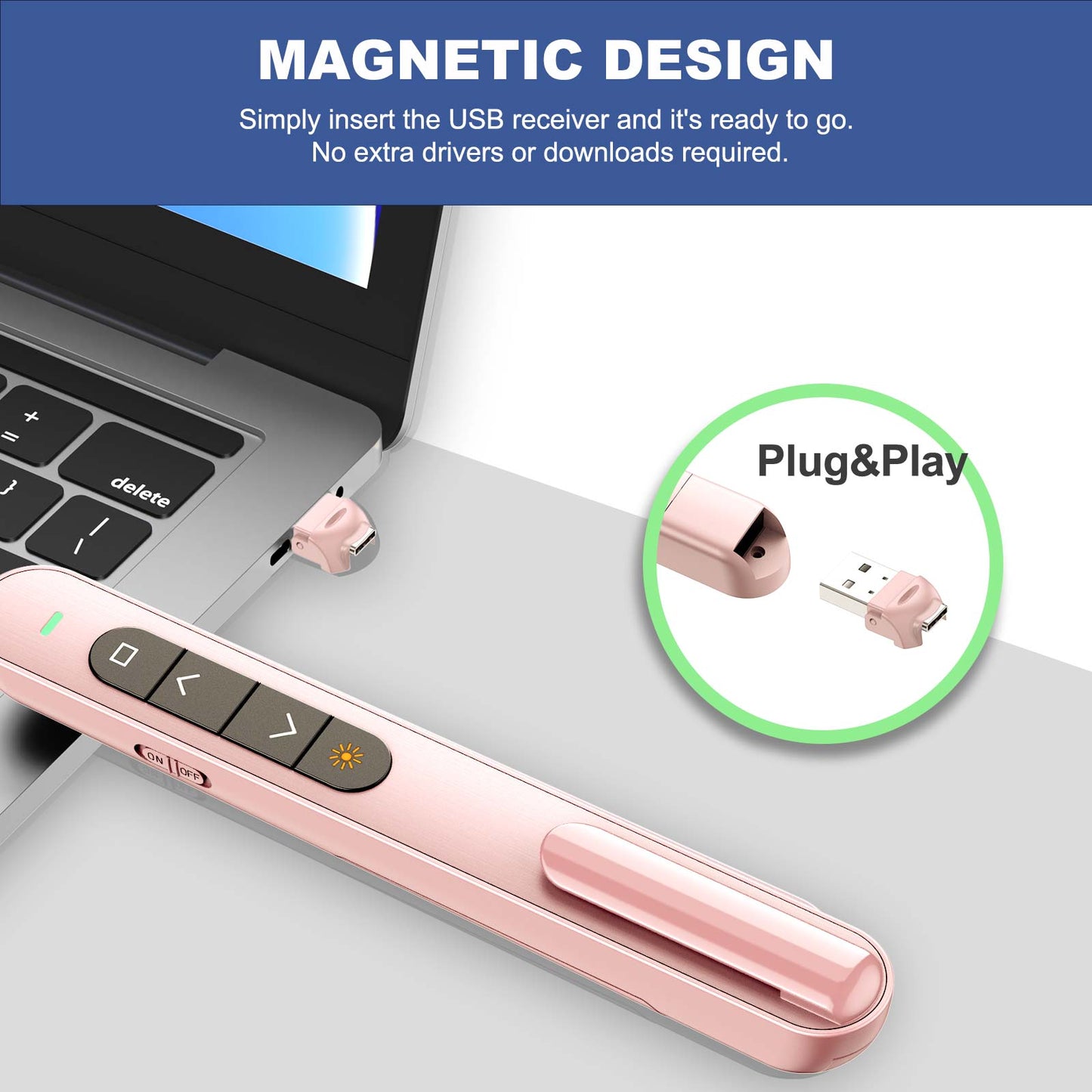 QUI Presentation Clicker with Volume Control, 2.4GHz USB Wireless Presenter Remote, PowerPoint Clicker Slide Advancer Compatible with Mac, Windows, Google Slides, Keynote