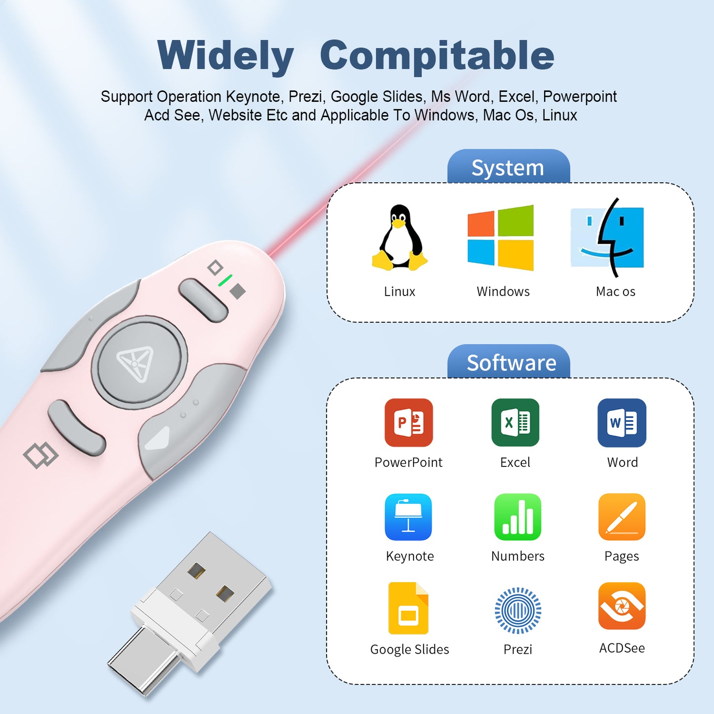 QUI Presentation Clicker Wireless Presenter Remote Clicker for PowerPoint Presentation Remote, PowerPoint Slide Advancer for Mac/Windows/Linux, Google Slide/PPT/Keynote, Type-c, Pink