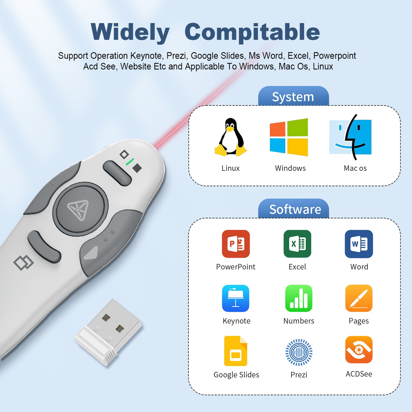 QUI Presentation Clicker Wireless Presenter Remote Clicker for PowerPoint Presentation Remote, PowerPoint Slide Advancer for Mac/Windows/Linux, Google Slide/PPT/Keynote, USB, Silver