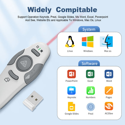 QUI Presentation Clicker Wireless Presenter Remote Clicker for PowerPoint Presentation Remote, PowerPoint Slide Advancer for Mac/Windows/Linux, Google Slide/PPT/Keynote, USB, Silver