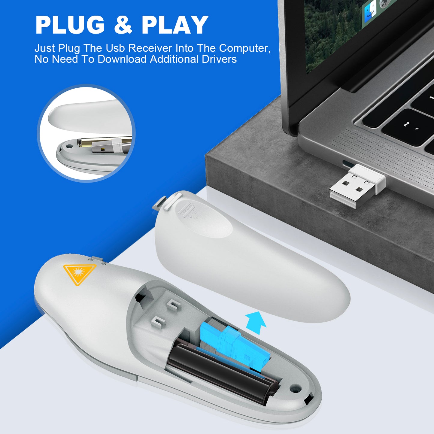 QUI Presentation Clicker Wireless Presenter Remote Clicker for PowerPoint Presentation Remote, PowerPoint Slide Advancer for Mac/Windows/Linux, Google Slide/PPT/Keynote, Type-c, Silver