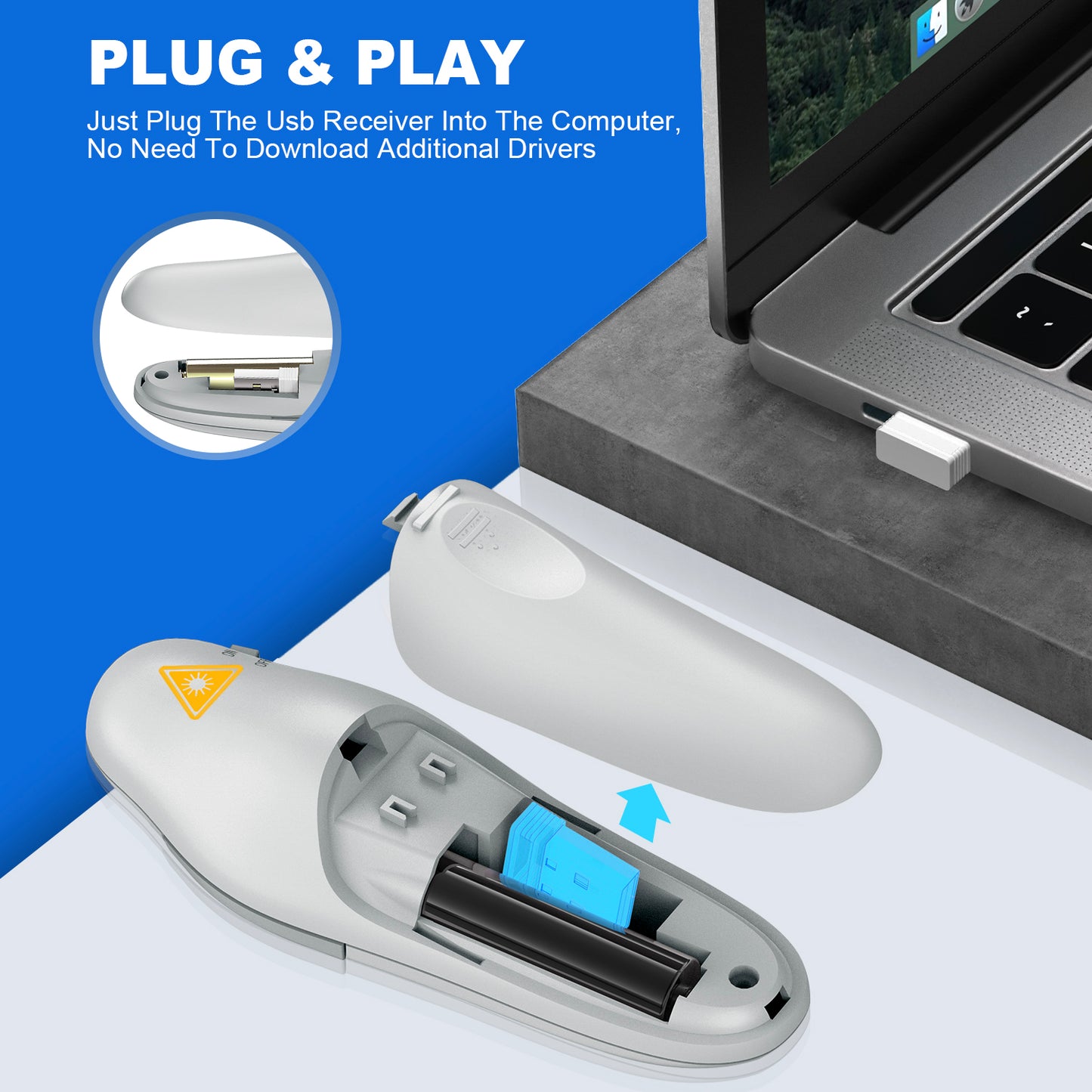 QUI Presentation Clicker Wireless Presenter Remote Clicker for PowerPoint Presentation Remote, PowerPoint Slide Advancer for Mac/Windows/Linux, Google Slide/PPT/Keynote, USB, Silver