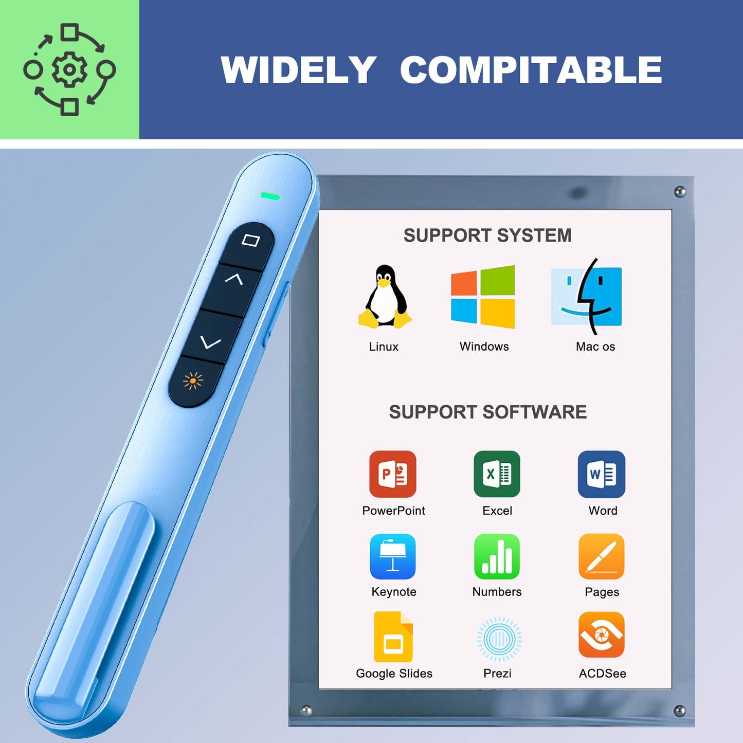 QUI Presentation Clicker with Volume Control, 2.4GHz USB Wireless Presenter Remote, PowerPoint Clicker Slide Advancer Compatible with Mac, Windows, Google Slides, Keynote