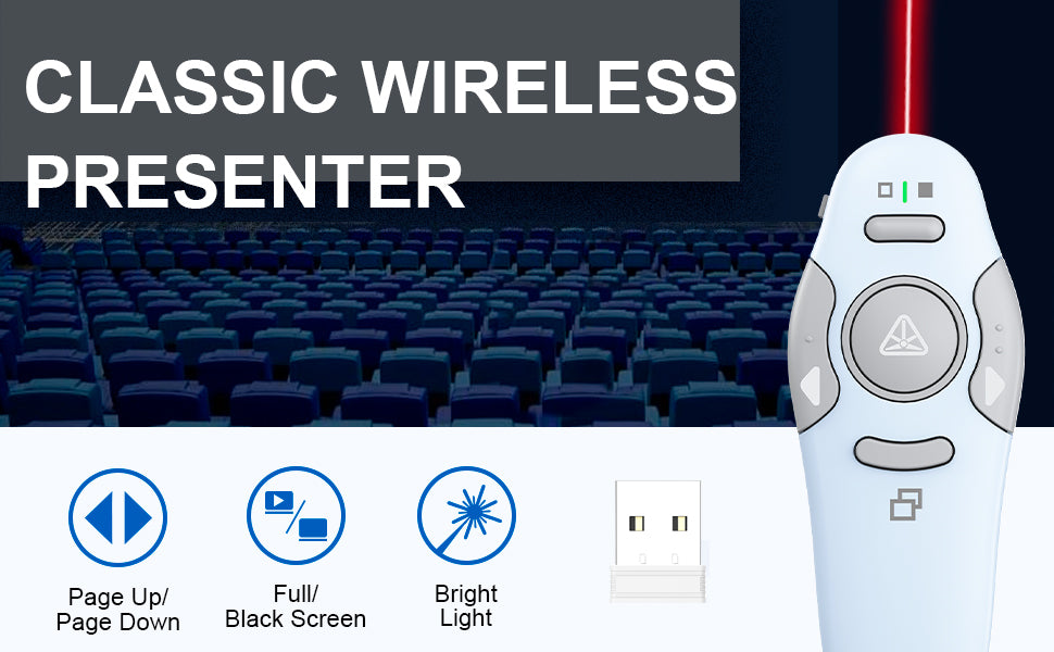 QUI Presentation Clicker Wireless Presenter Remote Clicker for PowerPoint Presentation Remote, PowerPoint Slide Advancer for Mac/Windows/Linux, Google Slide/PPT/Keynote, USB, Blue
