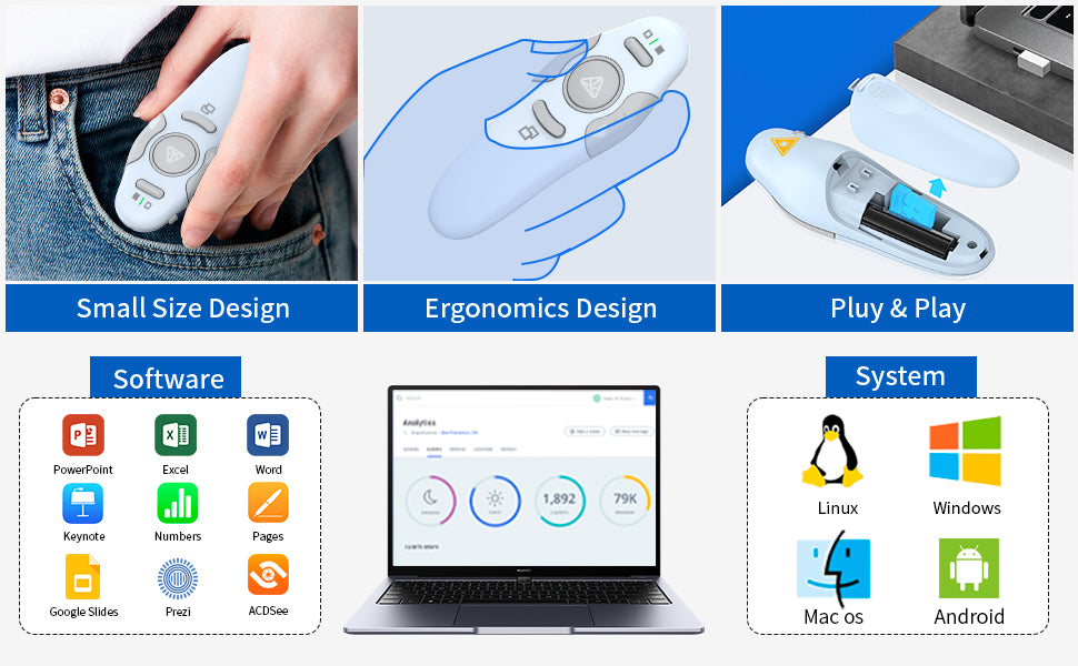 QUI Presentation Clicker Wireless Presenter Remote Clicker for PowerPoint Presentation Remote, PowerPoint Slide Advancer for Mac/Windows/Linux, Google Slide/PPT/Keynote, USB, Blue