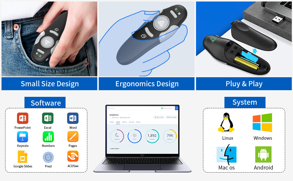 QUI Presentation Clicker Wireless Presenter Remote Clicker for PowerPoint Presentation Remote, PowerPoint Slide Advancer for Mac/Windows/Linux, Google Slide/PPT/Keynote, Type-c, Black