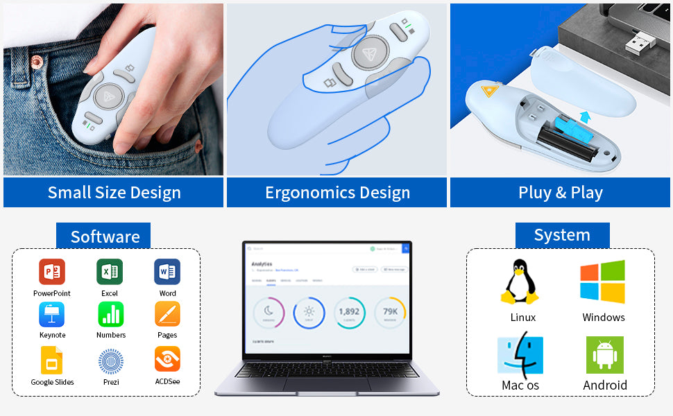 QUI Presentation Clicker Wireless Presenter Remote Clicker for PowerPoint Presentation Remote, PowerPoint Slide Advancer for Mac/Windows/Linux, Google Slide/PPT/Keynote, Type-c Blue