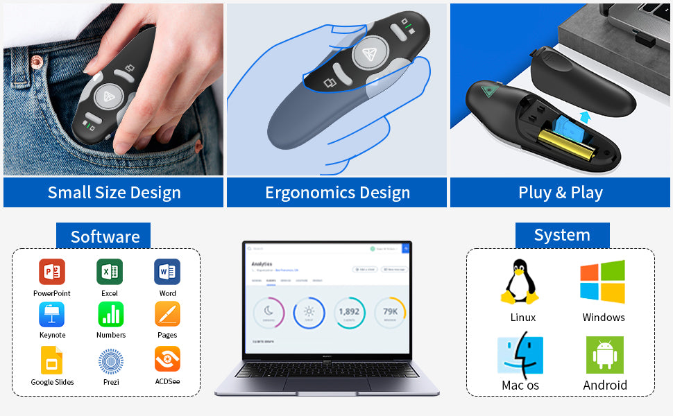 QUI Presentation Clicker Wireless Presenter Remote Clicker for PowerPoint Presentation Remote, PowerPoint Slide Advancer for Mac/Windows/Linux, Google Slide/PPT/Keynote, USB, Black