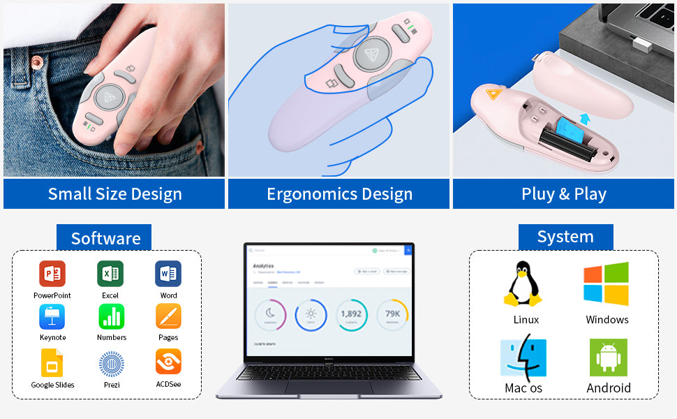 QUI Presentation Clicker Wireless Presenter Remote Clicker for PowerPoint Presentation Remote, PowerPoint Slide Advancer for Mac/Windows/Linux, Google Slide/PPT/Keynote, USB, Pink