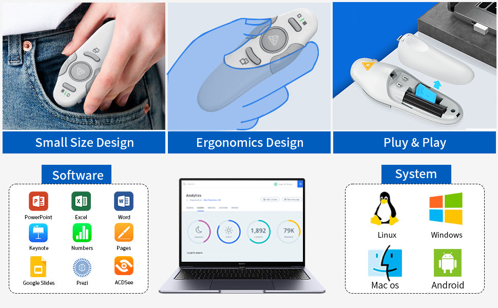 QUI Presentation Clicker Wireless Presenter Remote Clicker for PowerPoint Presentation Remote, PowerPoint Slide Advancer for Mac/Windows/Linux, Google Slide/PPT/Keynote, USB, Silver
