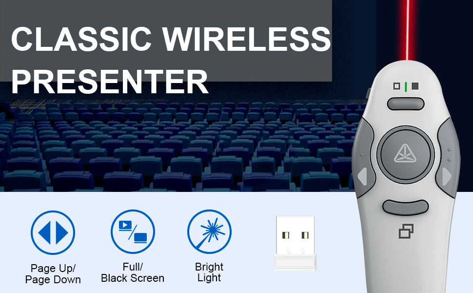 QUI Presentation Clicker Wireless Presenter Remote Clicker for PowerPoint Presentation Remote, PowerPoint Slide Advancer for Mac/Windows/Linux, Google Slide/PPT/Keynote, USB, Silver