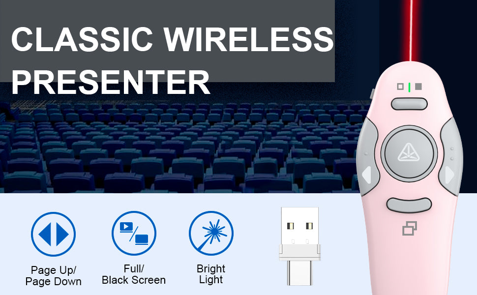 QUI Presentation Clicker Wireless Presenter Remote Clicker for PowerPoint Presentation Remote, PowerPoint Slide Advancer for Mac/Windows/Linux, Google Slide/PPT/Keynote, Type-c, Pink