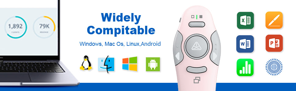 QUI Presentation Clicker Wireless Presenter Remote Clicker for PowerPoint Presentation Remote, PowerPoint Slide Advancer for Mac/Windows/Linux, Google Slide/PPT/Keynote, Type-c, Pink